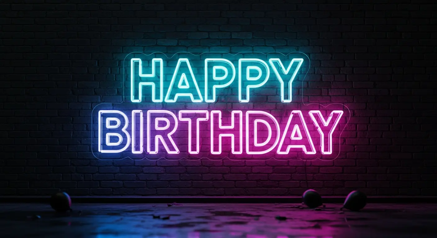 Neon sign birthday lettering on brick